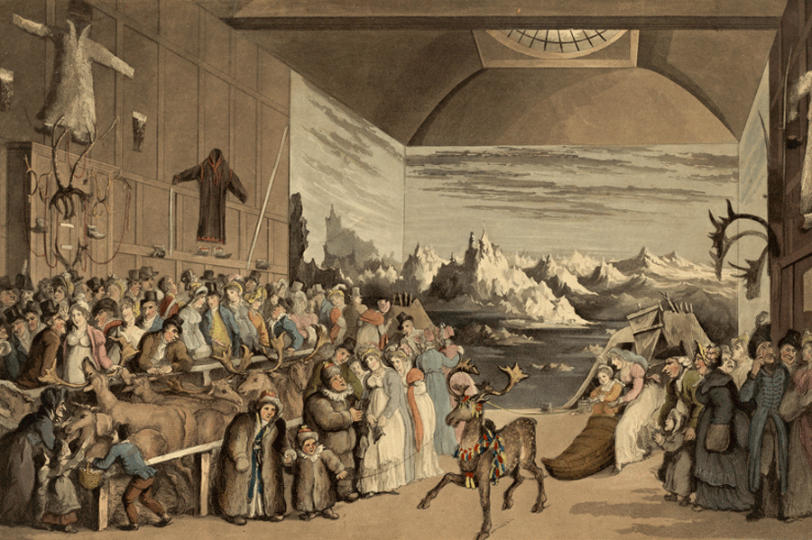 Satirical etching from "Mr Bullock's exhibition of Laplanders" at the Egyptian Hall, London, 1822. (Digital copy, National Library of Norway).